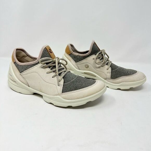 ECCO Biom Street Lace Gravel Wild Dove Gray and Cream Leather Sneaker Size 6.5 - Picture 1 of 11